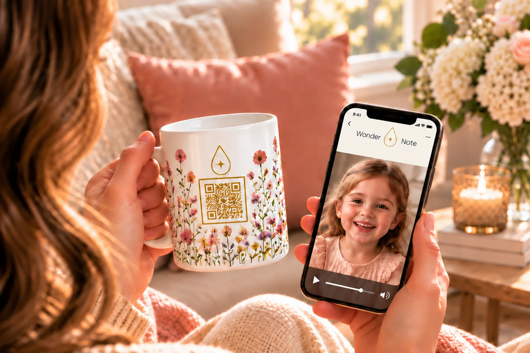 A Wonder Drop mug held beside a phone playing a Wonder Note